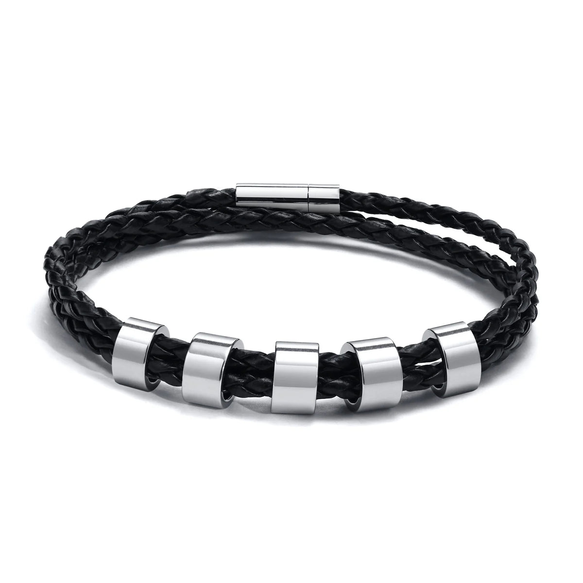 Custom 1-7 Names Multi Layer Leather Bracelet for Men,Stainless Steel Beads Handmade Braided Wristband,Gift for Father Dad