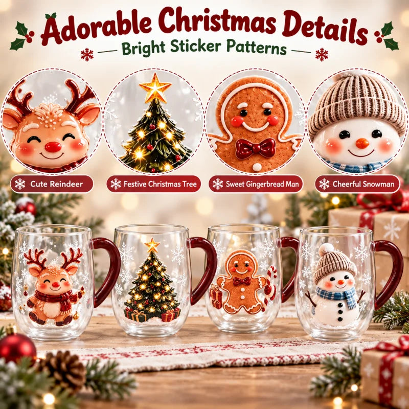 Christmas Double Wall Glass Mug Red Handle Xmas Snowman Reindeer Coffee Cup Holiday Decor Gift