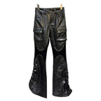 Fashion Casual Rivet PU Leather Trouesrs Women Drawstring Designe Pockets Motorcycle Black Bell-bottoms Street Flared Pants