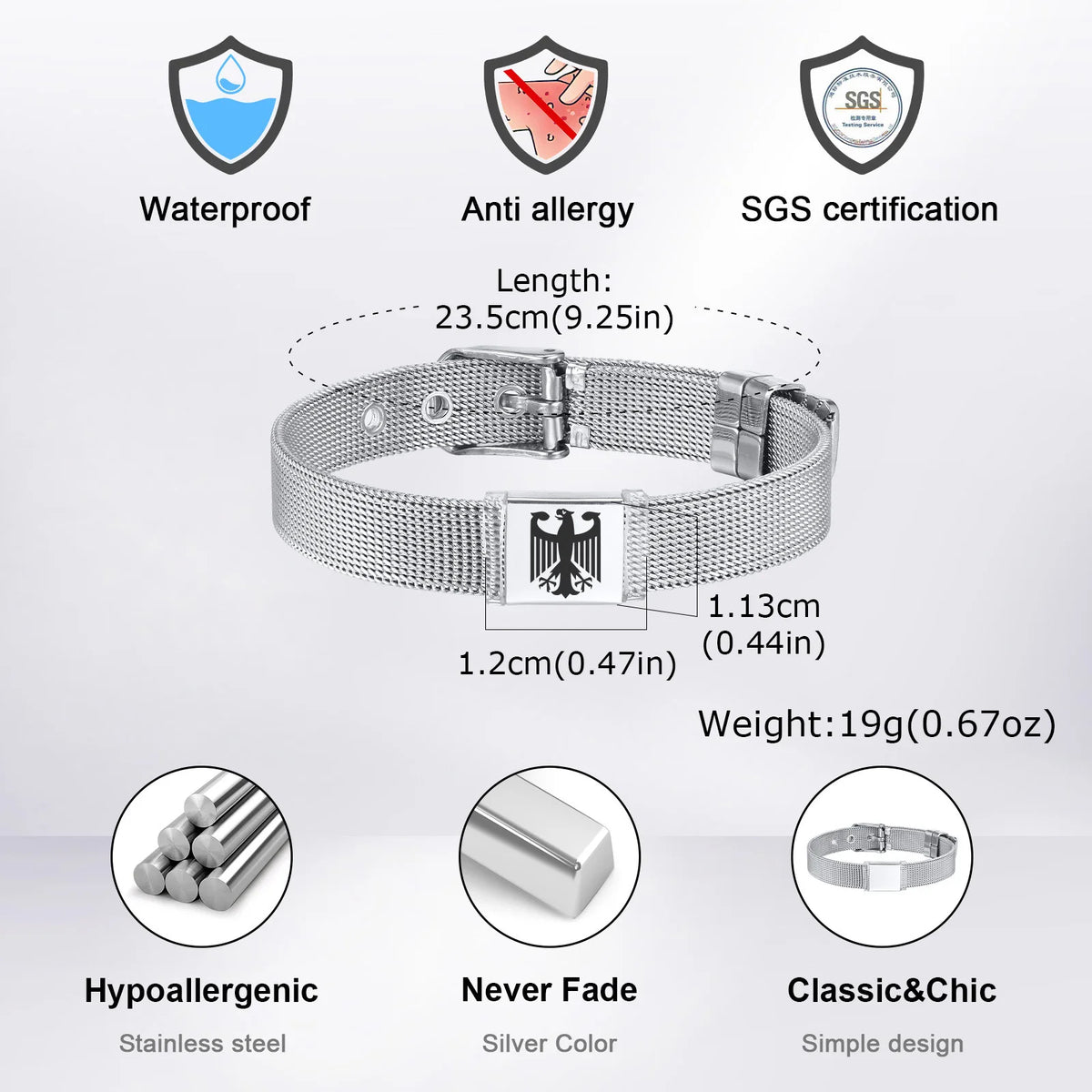 German Eagle Bracelet for Men Boys,Stainless Steel Mesh Adjustable Wristband,Germany Jewelry Gift