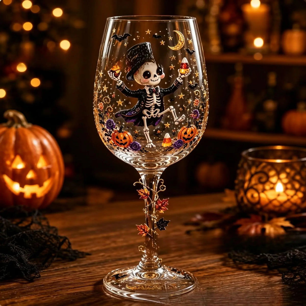 Spooky Halloween Wine Goblet with Sticker Design Witch Ghost Pumpkin Cat Decorative Stemmed Glass for Party Home Bar