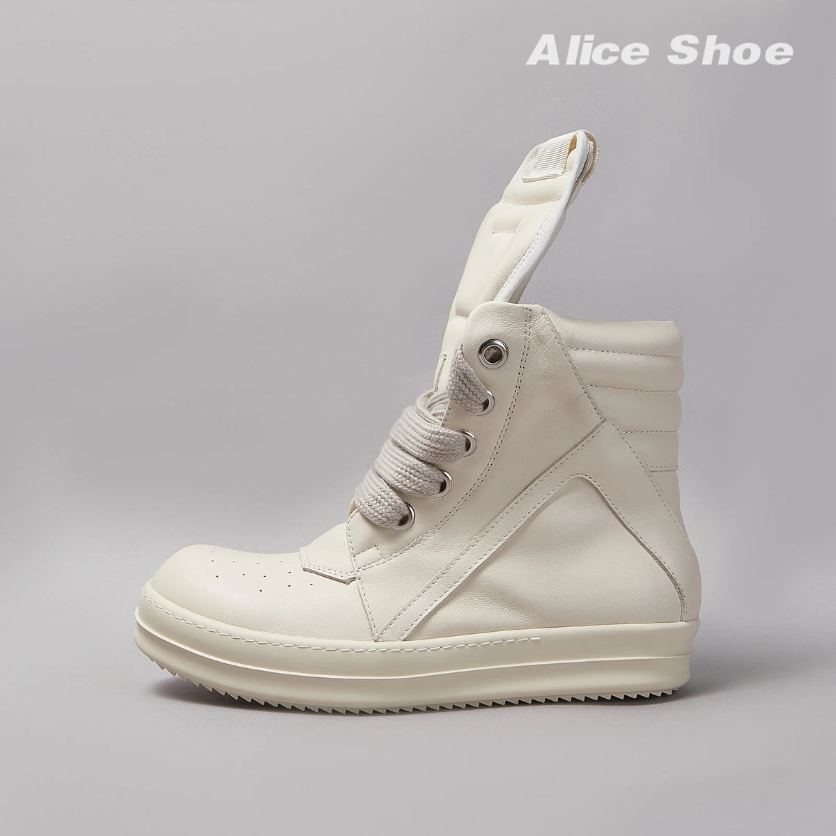 PENDRA White Geobasket White Leather High-Top Zip Thick-Sole Ankle Boots