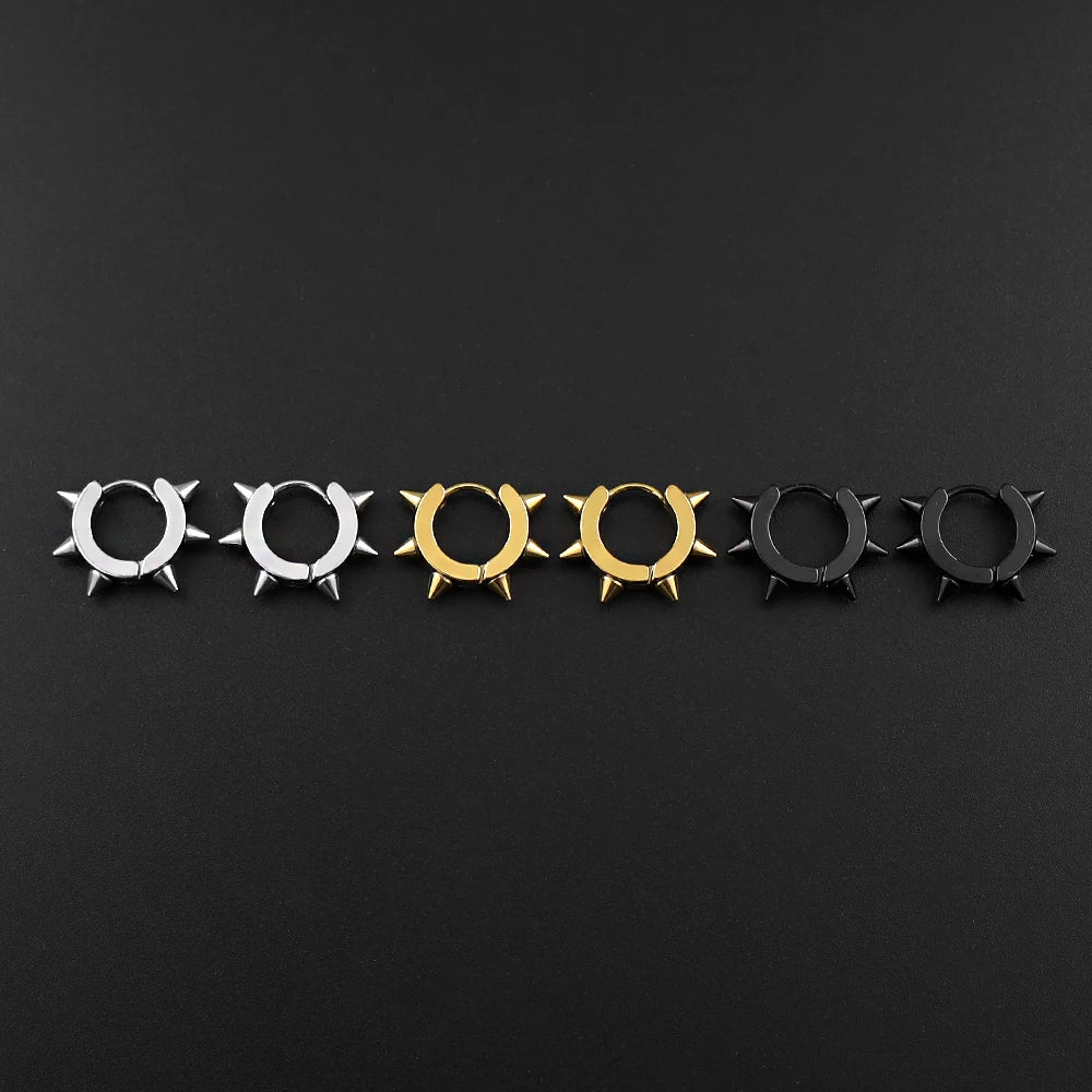 Stainless Steel Spiked Huggie Hoop Earrings for Men Women Black Punk Cone Rivet Spike Clicker Earrings Gothic Rock Jewelry Gift