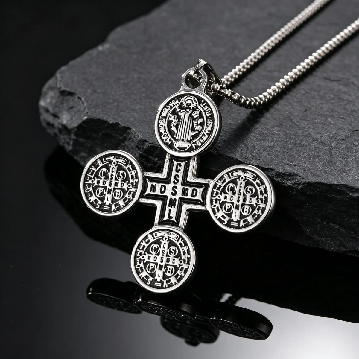 Saint Benedict Pendant Necklace for Men,Stainless Steel Religious Cross Pendant Necklace,Faith Prayer Jewelry