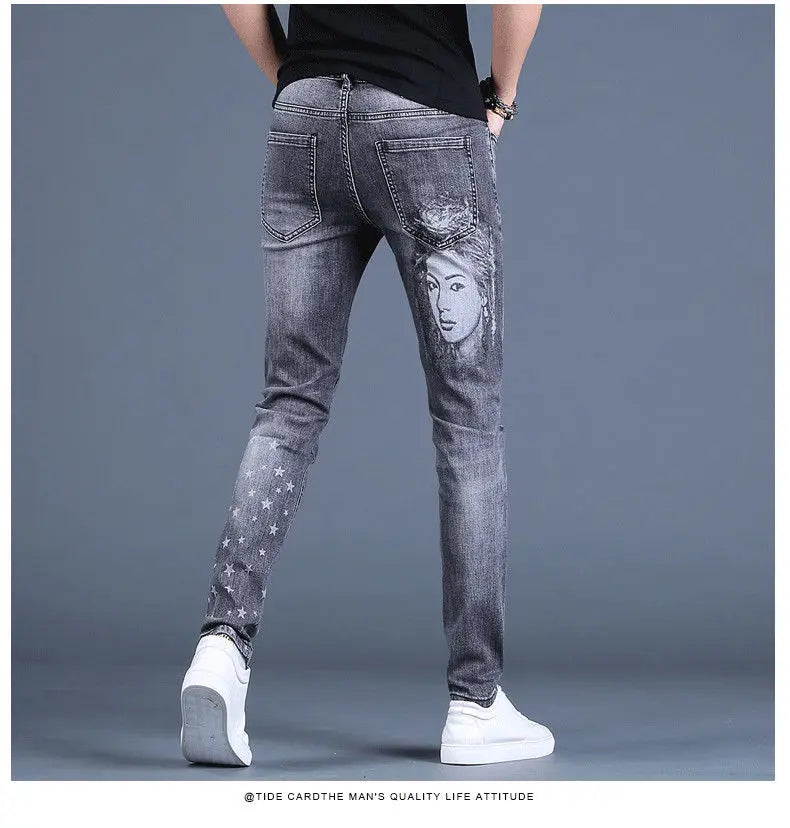 PENDRA Denim Cotton Printed Trousers