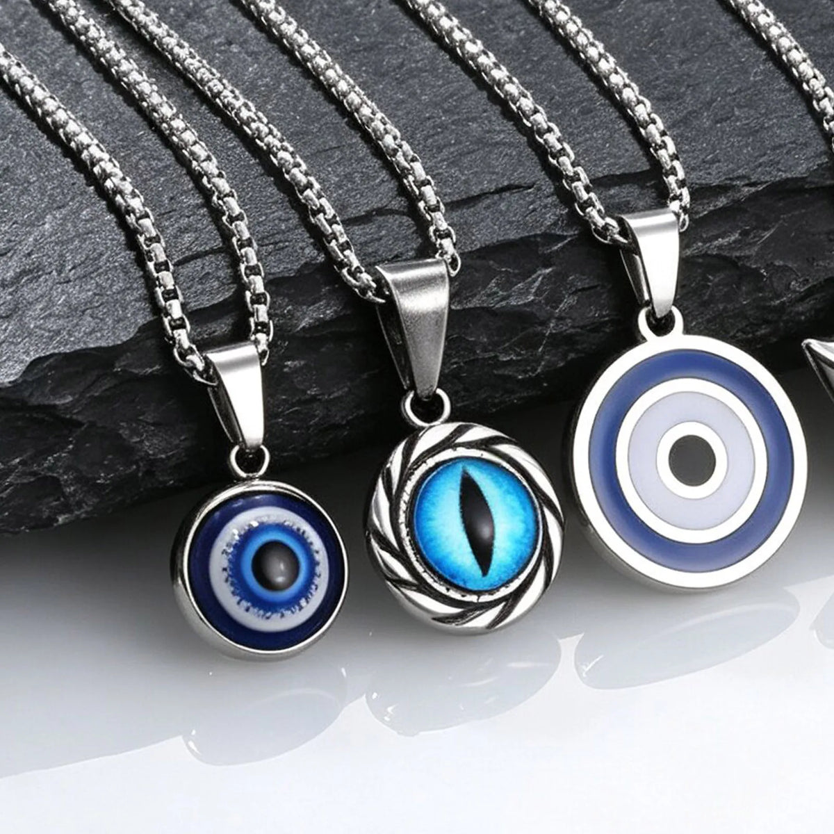 Vintage Evil Eye Pendant Necklace for Men,Stainless Steel Blue Vertical Cat Eye Charm Pendant Necklace,Punk Amulet Jewelry Gift