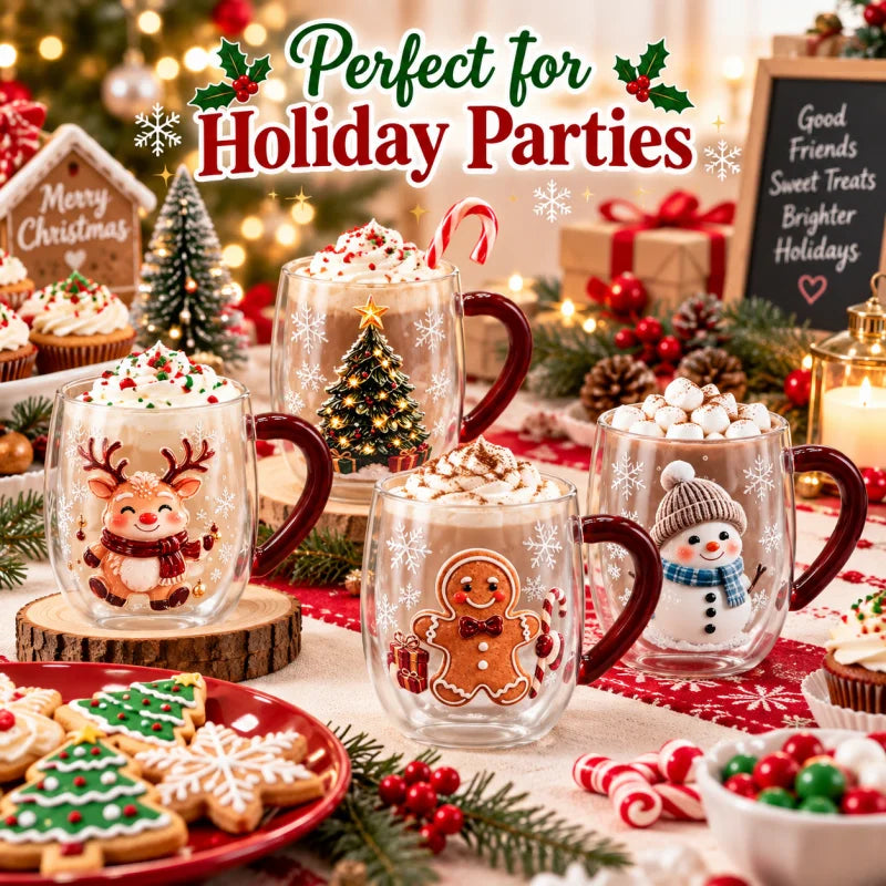 Christmas Double Wall Glass Mug Red Handle Xmas Snowman Reindeer Coffee Cup Holiday Decor Gift