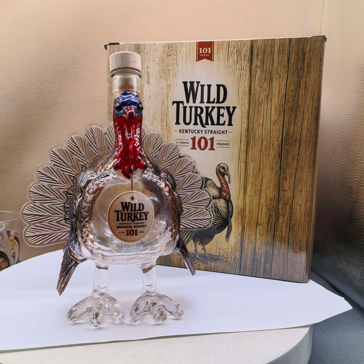 Novelty Turkey Whiskey Decanter, Clear Glass Liquor Bottle with Colorful Head and Feather Design, Unique Home Bar Display
