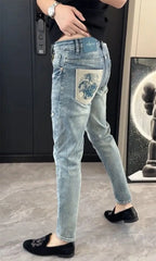 Summer New Slim-fit Men's Jeans Thin Brand Embroidery 2025 Designer Korean Style Clothes Casual Pants Luxury Fashion Pants