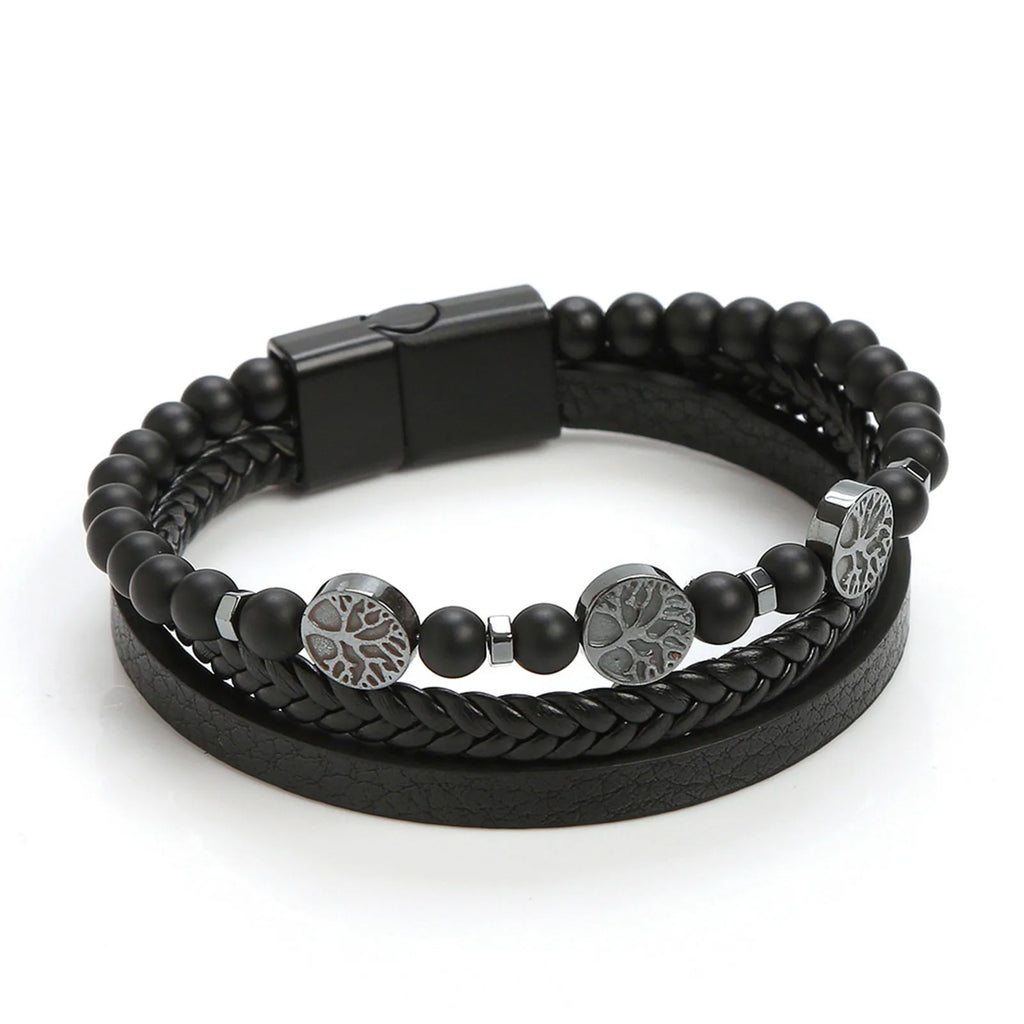 Tree of Life Leather Bracelets for Men Dad Father Grandfather BFF, Black Braided Rope Chain Multi-Layers Wristband Gift Jewelry