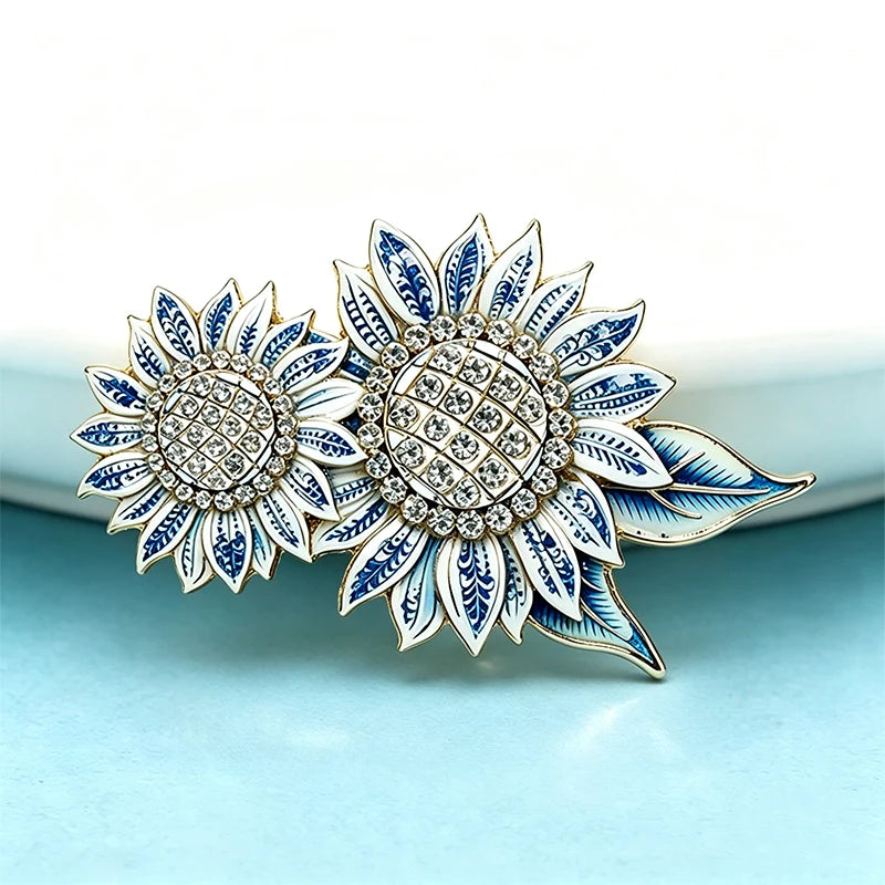 PENDRA Solara 2-Color Enamel Rhinestone Sunflower Brooch