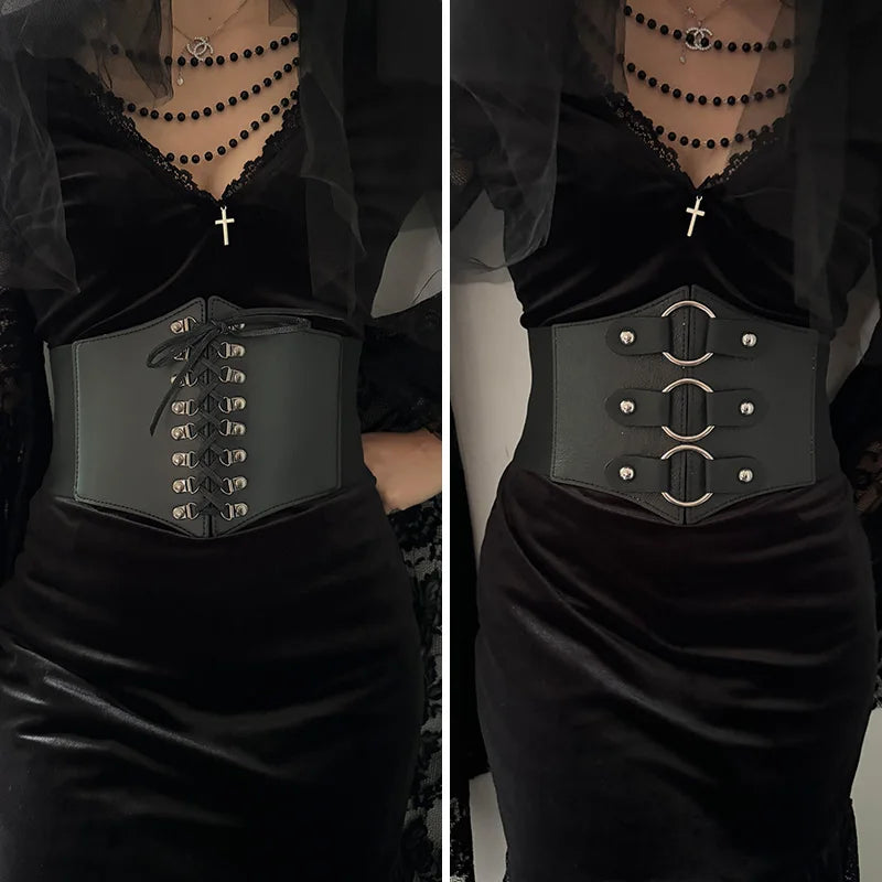 Gothic Triple Buckle with Black Rivet Corset Belts Female Studded Elastic Waspie Waistband Punk Coat Dress Belt For Women