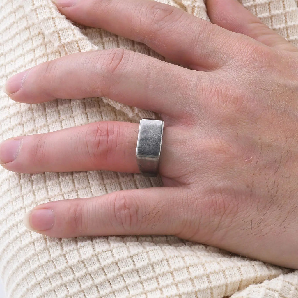 Retro Grey Rectangle Ring for Men Boys,Oxide Silver Color Stamp Rring Thumb Ring Chunky Ring,Stainless Steel Ring Gifts