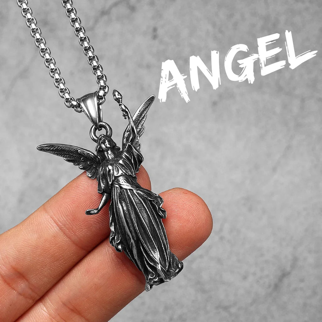 Angel Wing Pray Amulet Stainless Steel Men Necklaces Pendant Chain Punk New in For Couple Women Fashion Jewelry Gifts Wholesale