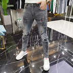Spring and Autumn 2025 New Men's Jeans Gray Trendy Tiger Head Hot Diamond Printing Slim-fit Small Feet Trousers Men's Clothing