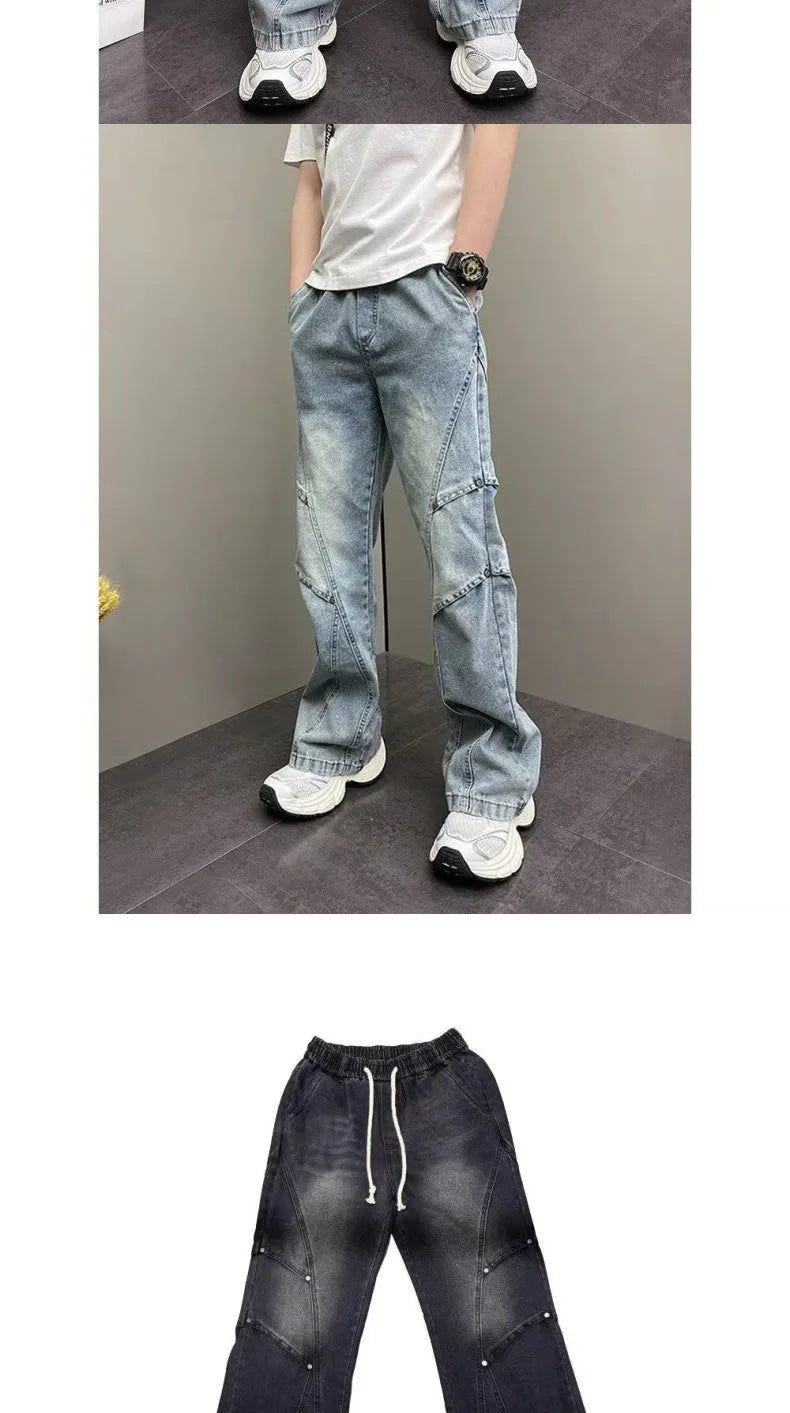 PENDRA Drawstring Elastic Waist Harlan Straight Black Cargo Hombre Jeans