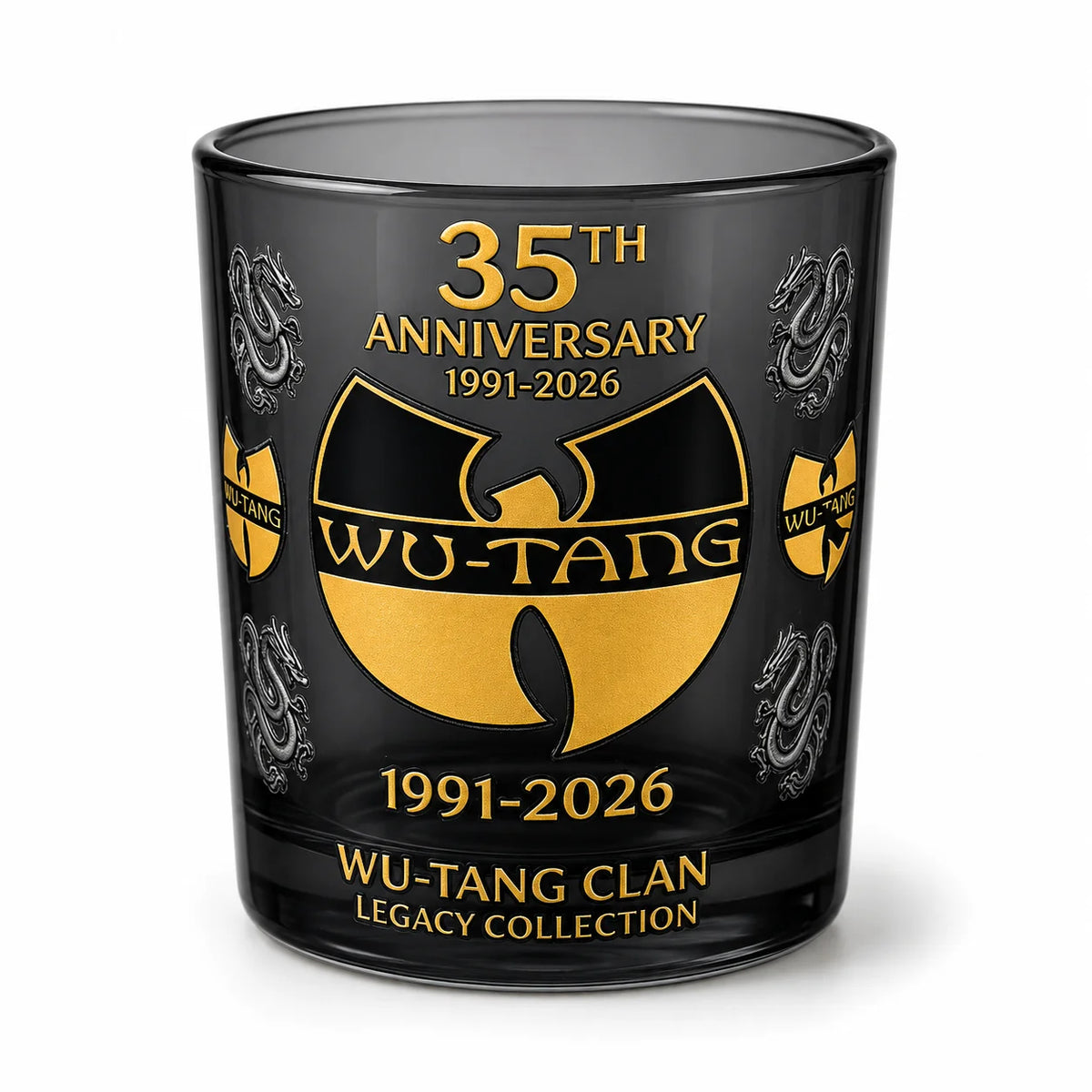 35th Anniversary Wu-Tang Clan Whiskey Glass Black Smoky Rock Cup Premium Gold Print Bar Party Gift