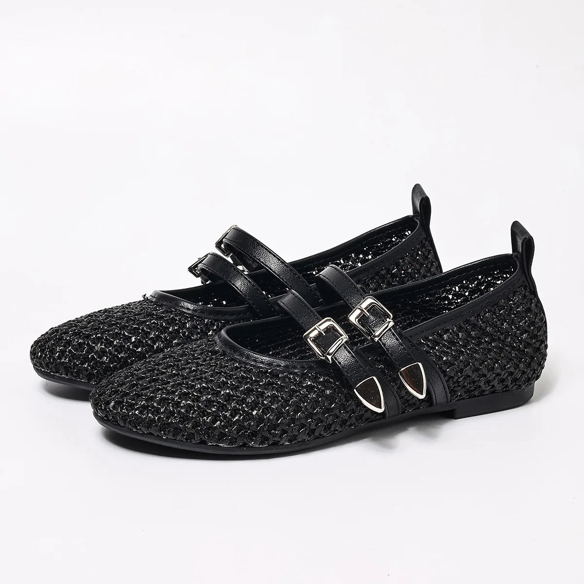 Versatile Elegant Commuting Breathable Spring and Summer Daily Flat Bottom Round Head Large Women's Woven Belt Buckle Shoes