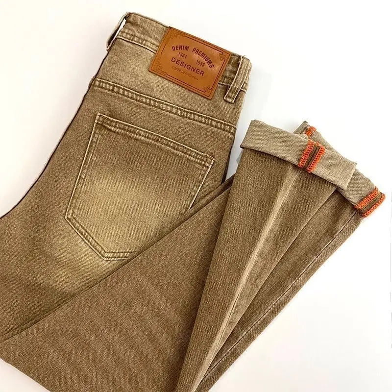 High-end 2026 Luxury Brand Clothes Khaki Jeans Men's Light Luxury Washed Casual Elastic Slim Small Feet Embroidered Long Pants