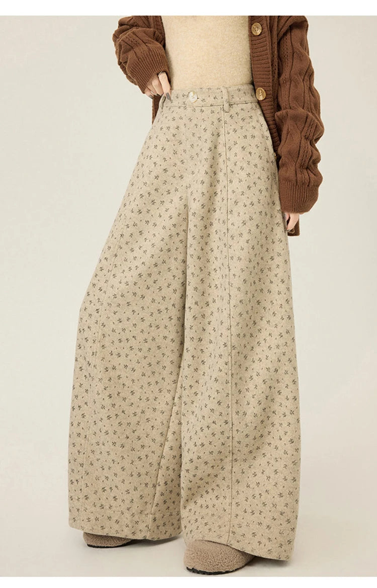Lazy style floral print woolen suit pants women in winter new loose and versatile casual curved knife wide leg pants