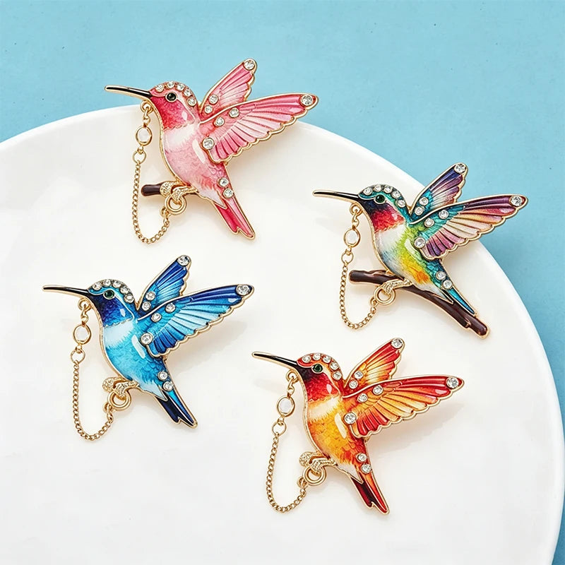 PENDRA Hummingchain 4-Color Enamel Rhinestone Hummingbird Brooch