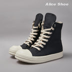 PENDRA Canvas Noir Black Canvas High-Top Zip Lace-Up Flat Ankle Boots