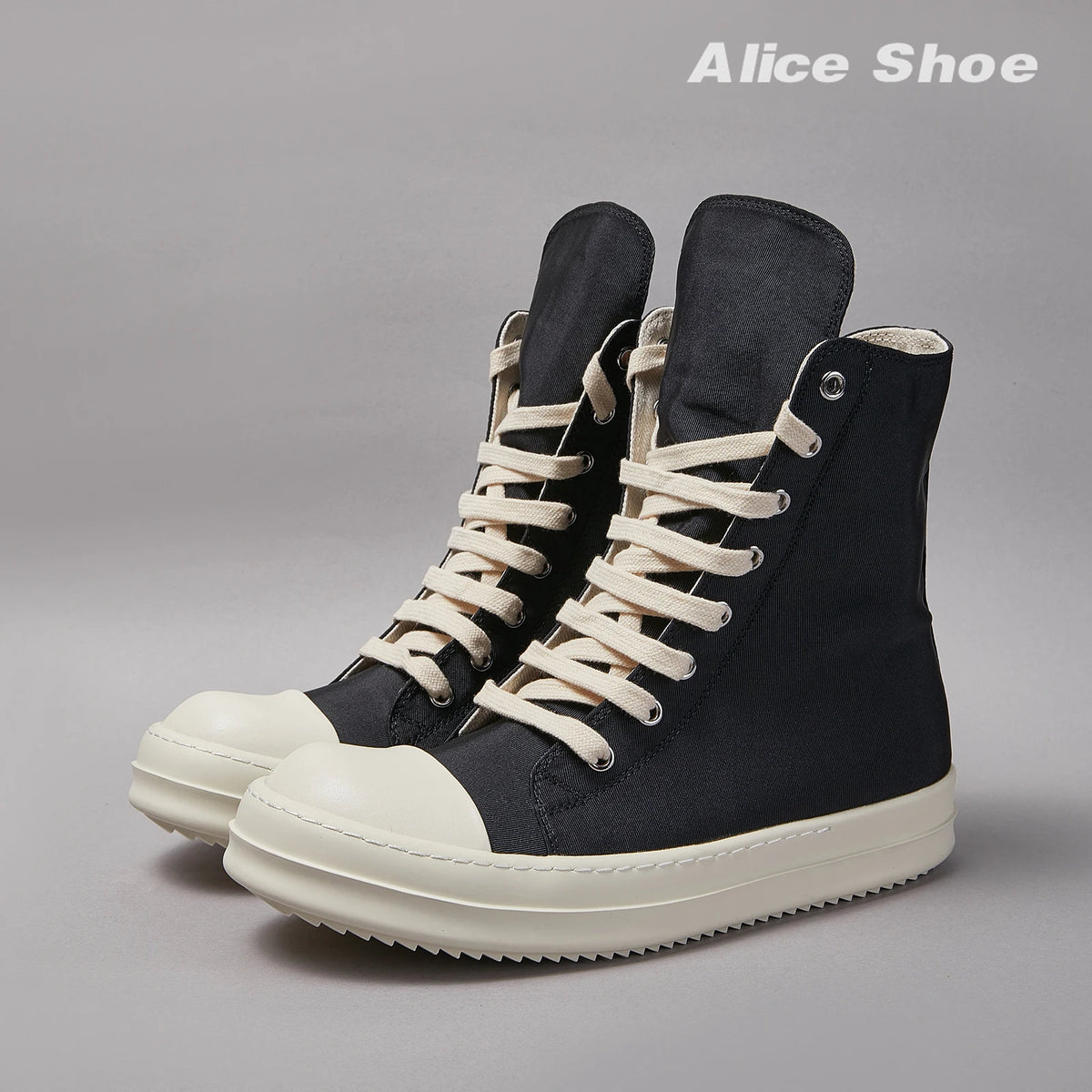 PENDRA Canvas Noir Black Canvas High-Top Zip Lace-Up Flat Ankle Boots