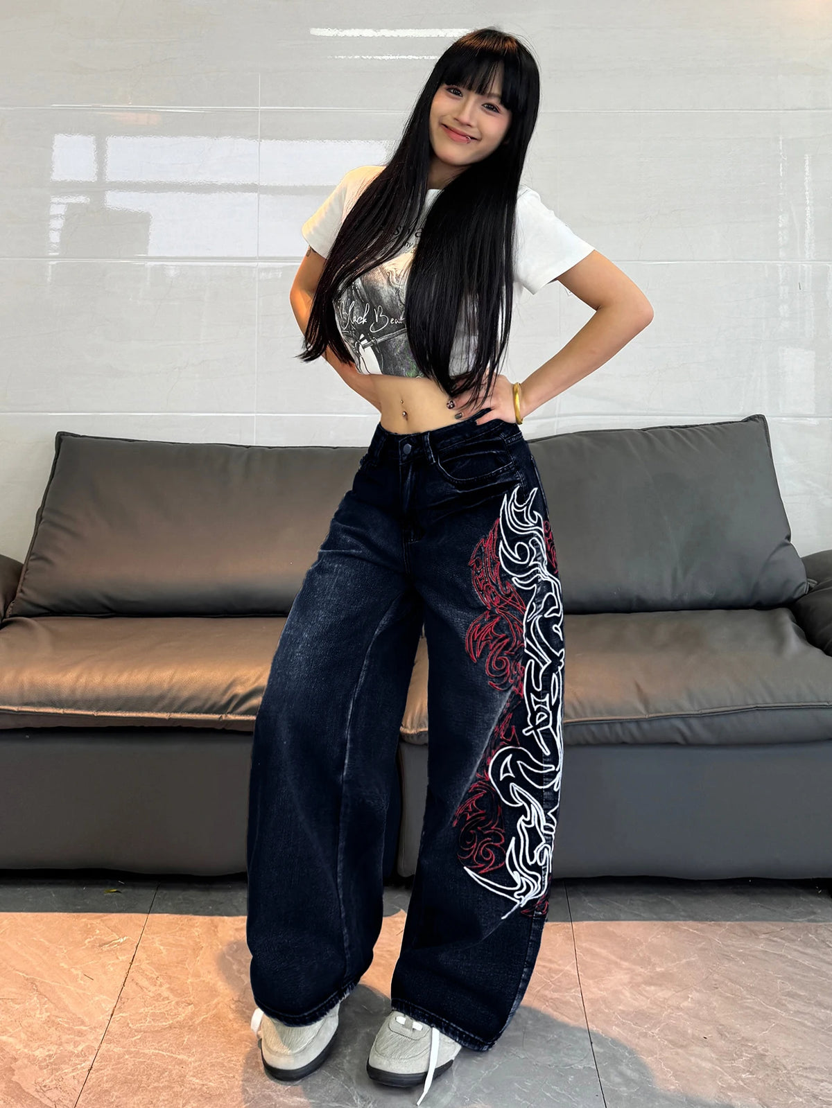American Retro Two-Color Totem Embroidered Women's Loose Wide-Leg Jeans Y2K Trendy Street Fashion Versatile High-Waisted Trousers