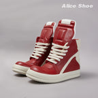 PENDRA Crimson Geobasket Red Leather High-Top Zip Lace-Up Thick-Sole Ankle Boots