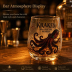 Kraken Octopus Whiskey Glass Vintage Nautical Compass Print Lowball Tumbler Heavy Clear Crystal Spirits Cup Unique Sea Monster
