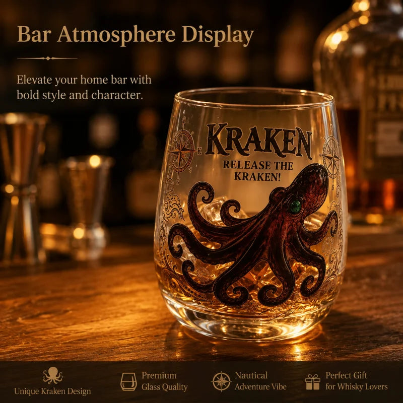 Kraken Octopus Whiskey Glass Vintage Nautical Compass Print Lowball Tumbler Heavy Clear Crystal Spirits Cup Unique Sea Monster