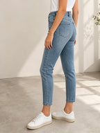 Summer women's mid waist elastic washed blue tight jeans with pockets, versatile and casual, suitable for casual wear outside