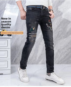 Original Brand Men's Clothing Autumn and Winter New Trend Letter Embroidered Jeans Men's Slim Fashion Korean Elastic Trousers