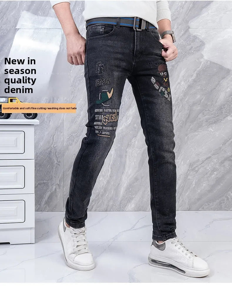 Original Brand Men's Clothing Autumn and Winter New Trend Letter Embroidered Jeans Men's Slim Fashion Korean Elastic Trousers
