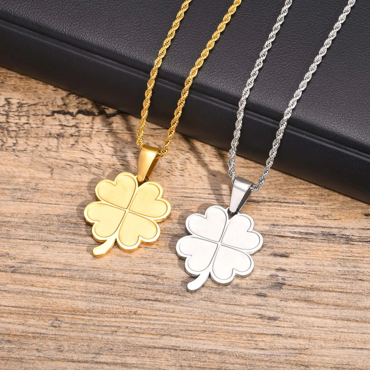 Lucky Leaf Necklaces for Men Boys,Stainless Steel Four Leaf Clover Pendant with 50cm/55cm/60cm Rope Chain,Blessing Gift