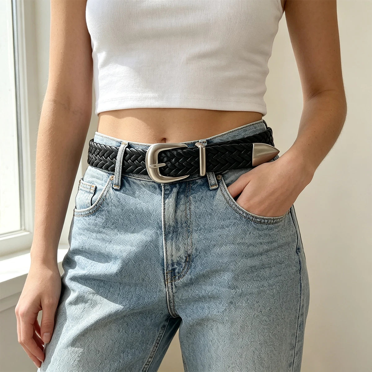 Punch free punk style woven belt for men and women Black metal buckle belt Dark minority retro Fried Dough Twists belt
