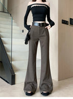 Retro solid color pants women autumn and winter high waisted casual and fashion versatile floor length flared trousers