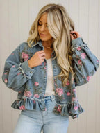 New Women's Retro Washed Floral Print Denim Jacket, Long-sleeved, Collared, Ruffled Hem, Short Jacket, Summer outfits for womener.