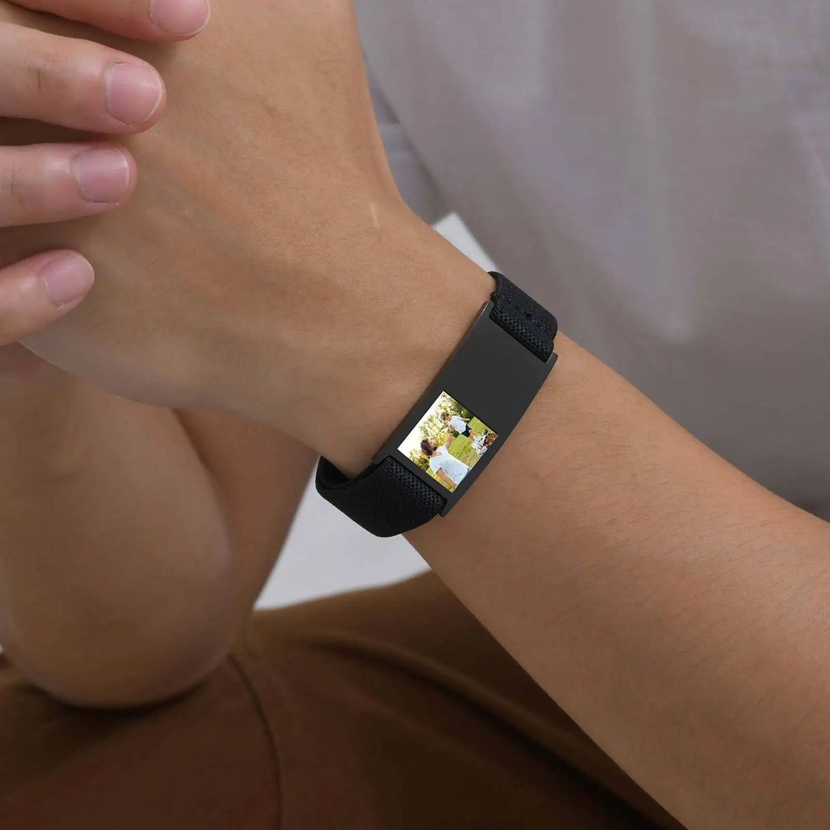Engrave ID Bracelet for Boy Girls,Personalized Stainless Steel Fabric Elastic Bracelet,Family Photo Wristband Gift
