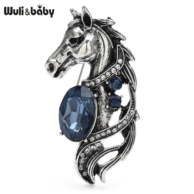 Wuli&baby Vintage Horse Head Horsehair Brooch Pins Crystal Animal Badge Women Jewelry Accessory Gift