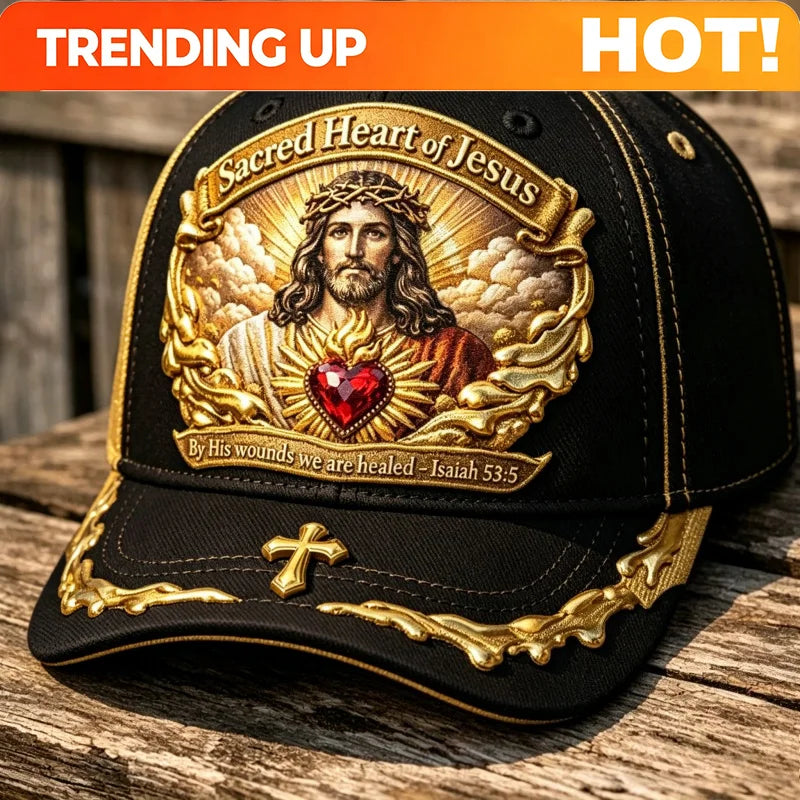 Religious Adjustable Collectible Black Baseball Cap with Sacred Heart of Jesus Print from Isaiah Ideal for Believers