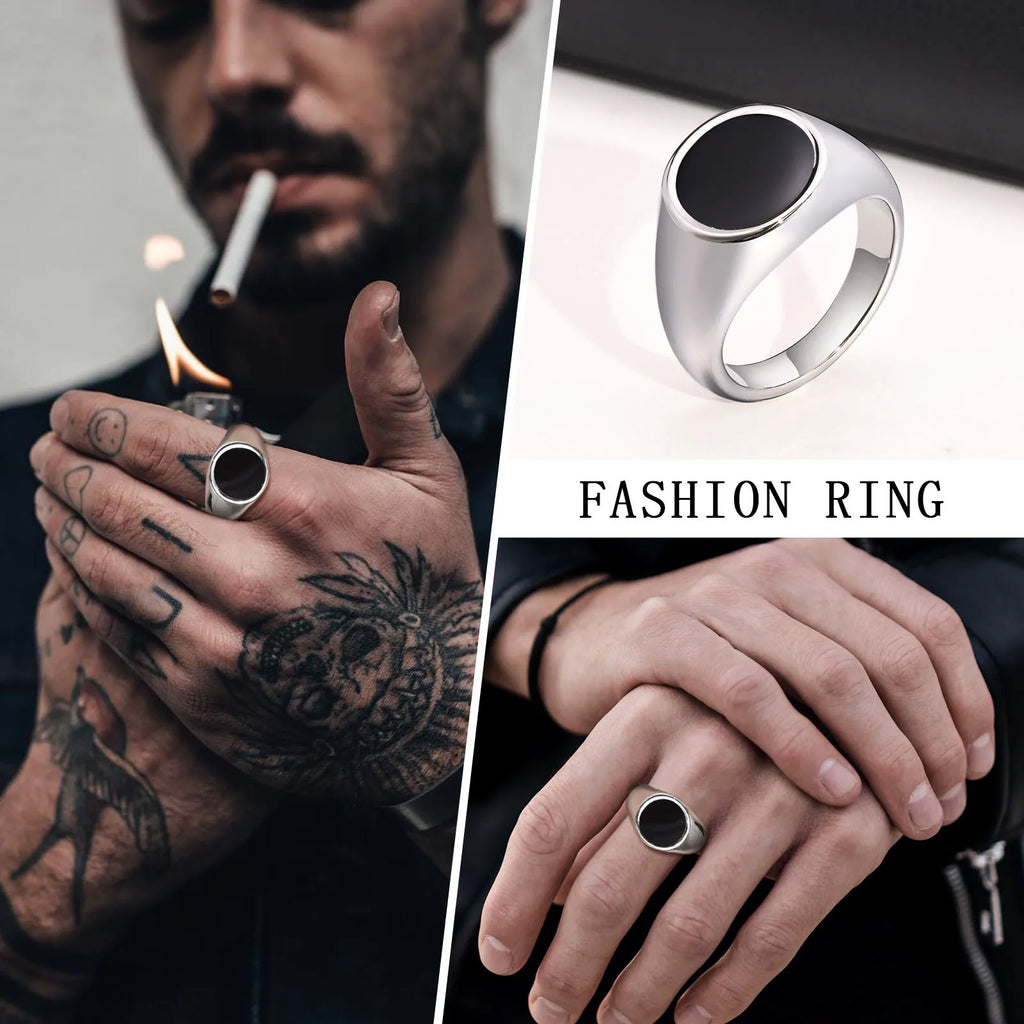 Stylish 13mm Signet Rings for Men, Waterproof Stainless Steel Finger Band with Black Enamel Male Rock Punk Ring Jewelry