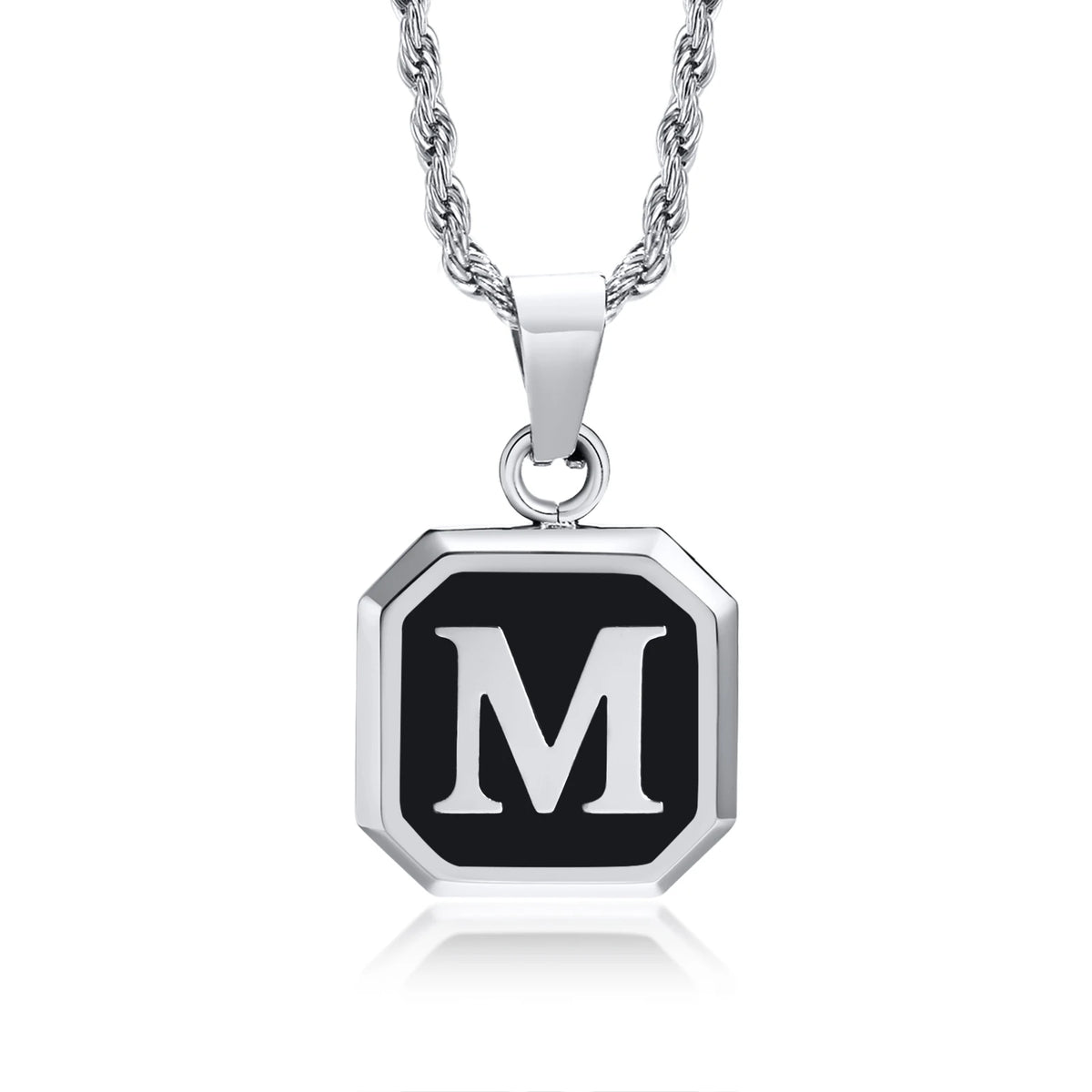Initials Necklaces for Men Women,A-Z 26 Letters Black Square Stainless Steel Pendant Collar,45-60CM Twisted Rope Chain Gifts