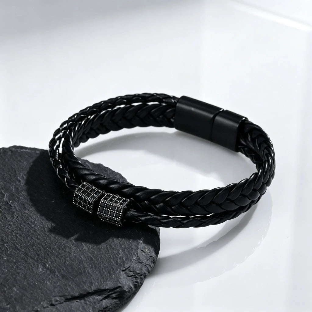 Black Braided Cord Bracelet for Men,Crystal Zircon Bead Charm Layered Punk Wristband,Streetwear Punk Casual Jewelry Gift