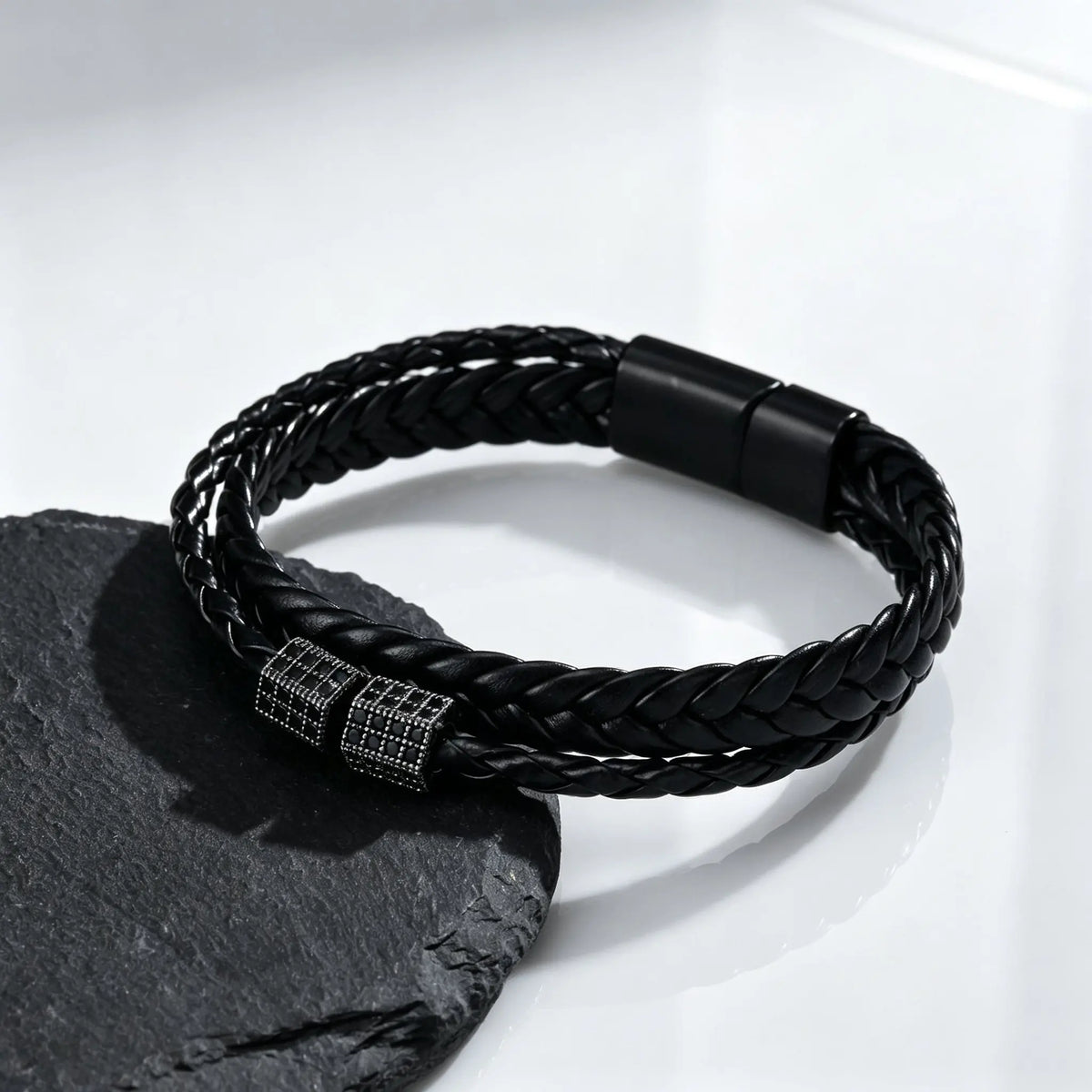 Black Braided Cord Bracelet for Men,Crystal Zircon Bead Charm Layered Punk Wristband,Streetwear Punk Casual Jewelry Gift