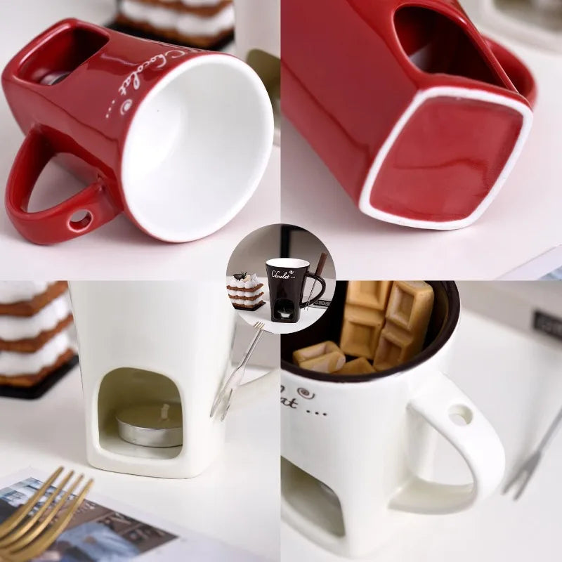 European Candle Cup Cheese Chocolate Melting Ceramic Mug Heating Food Ceramic Mug with Fork Creative Coffee Mug Tableware