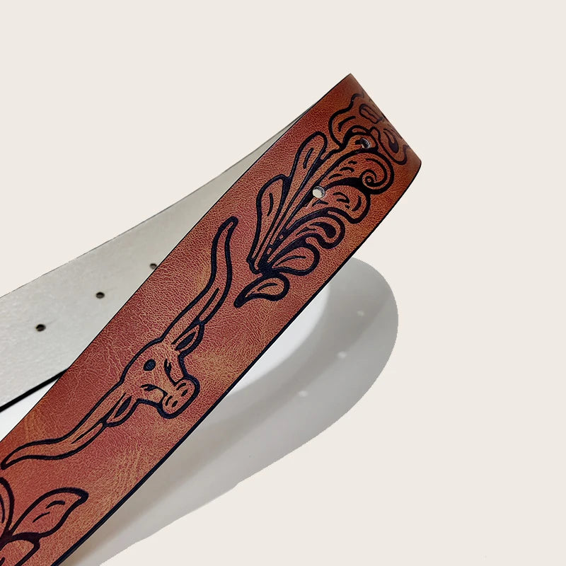 Western Leather Jeans Belts Plus Size Bull Buckle Cowboy Longhorn Bull Pattern Buckle Belt Floral Engraved Buckle Belt for Men