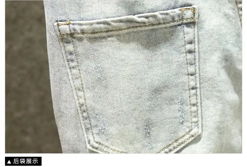 2025 Summer Ripped Jeans Men's Slim-fitting Small Feet Elastic Trousers Trendy Brand Fashion Scratched Patch Cargo Beggar Pants