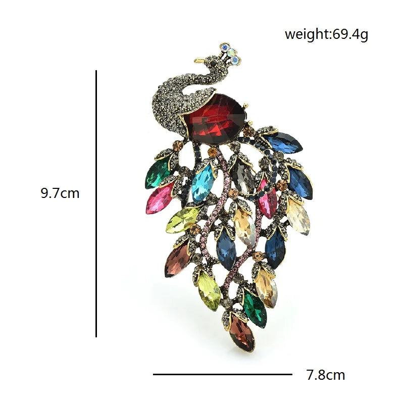 PENDRA Peacrest 3-Color Rhinestone Peacock Brooch