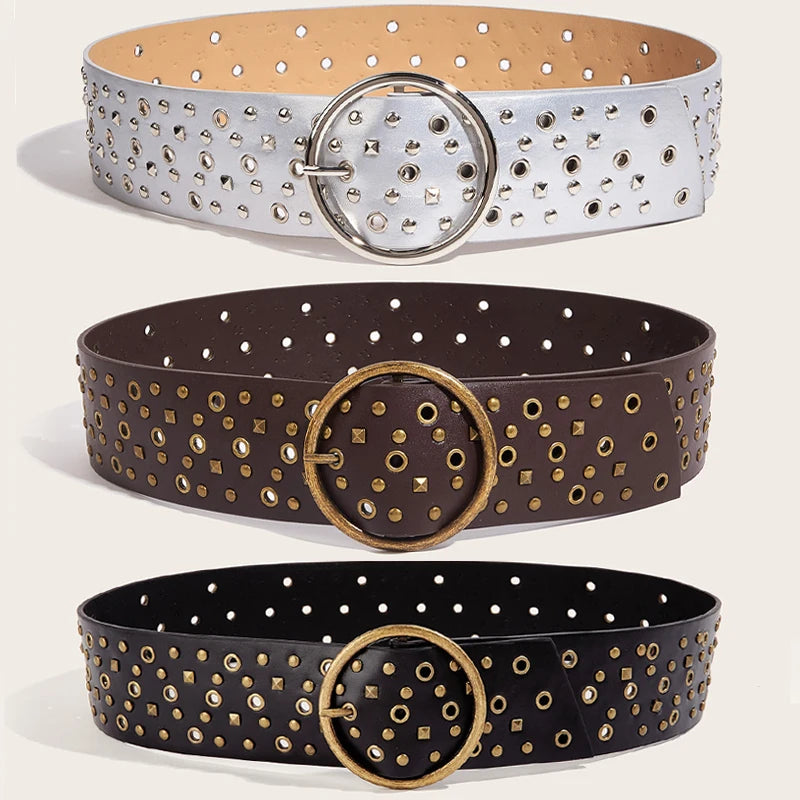 Vintage PU Leather Rivet Pin Buckle Belt Women Western Cowgirl Punk Wide Waistband for Dress Skirts Jeans Clothes Accessories